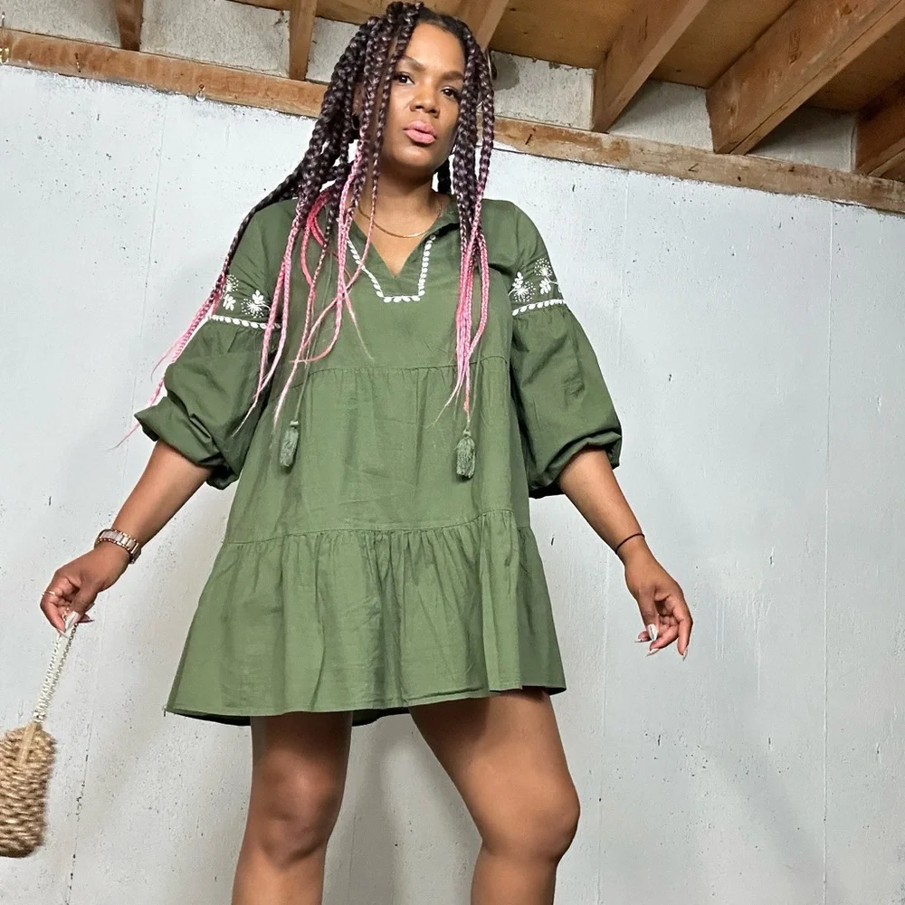 Zara Olive Dress with White Detailing, L - Picture 4 of 13